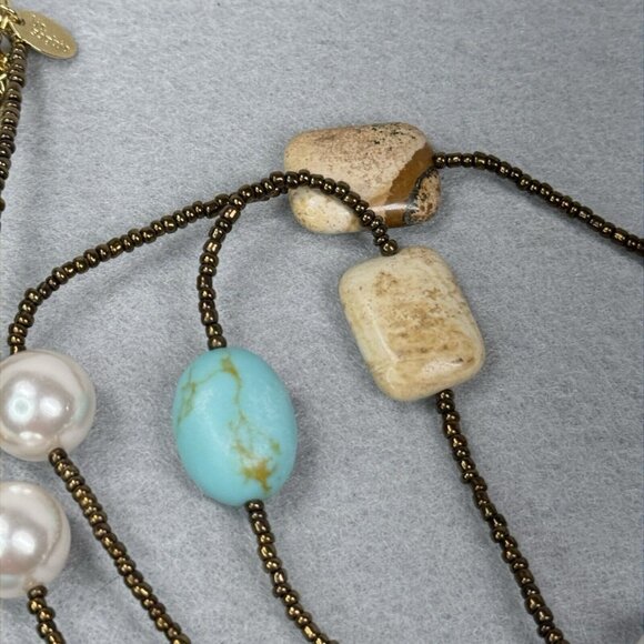 Lia Sophia Necklace Capri Jasper Turquoise Faux Pearl Bronze Seed Beads Beachy - Picture 4 of 7